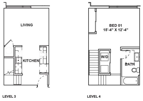 A floor plan shows a living area, kitchen, and bedroom on the second floor.